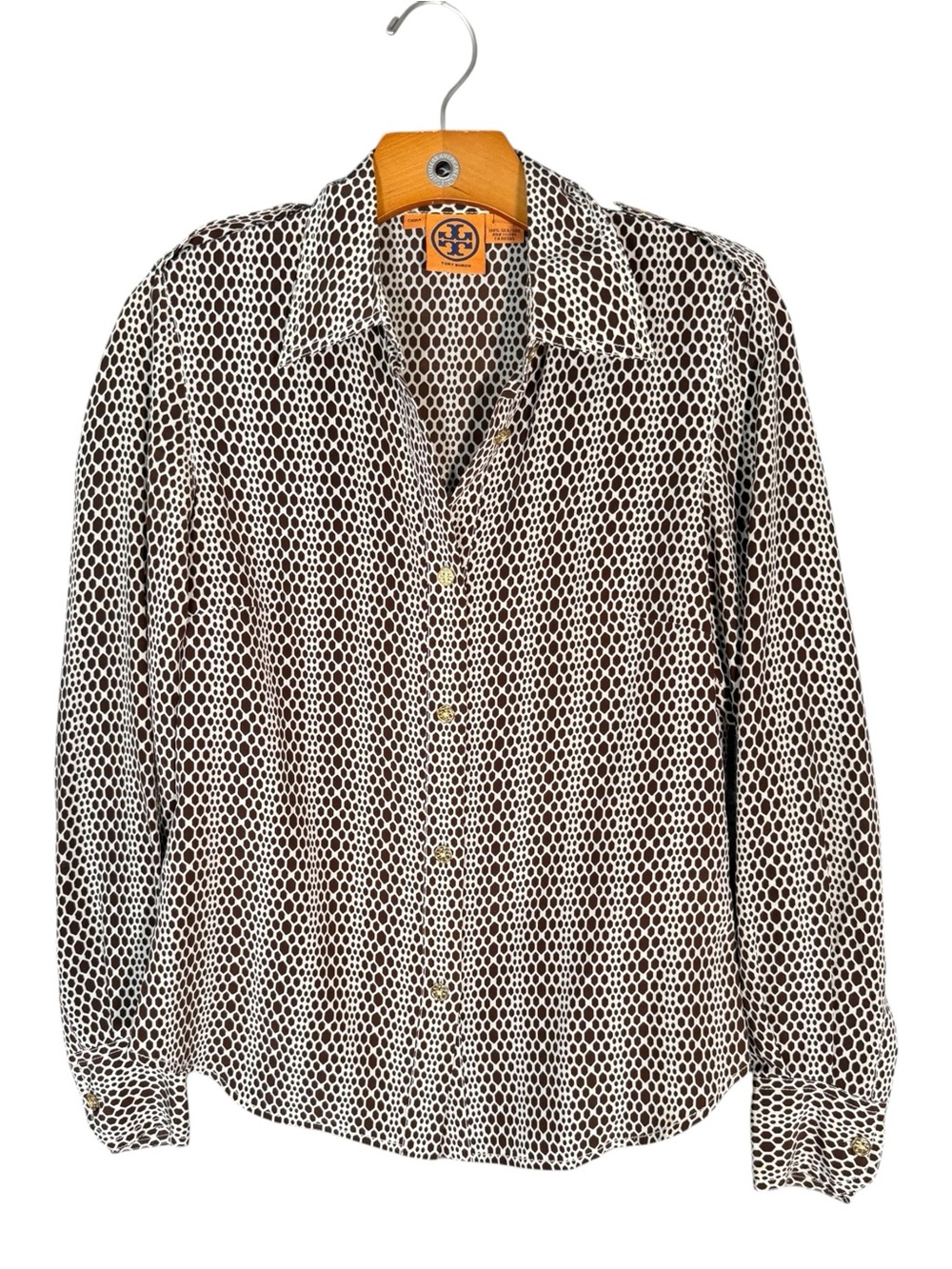 Tory Burch 100% Silk Brown Cream Blouse Neutral Geometric Print  4